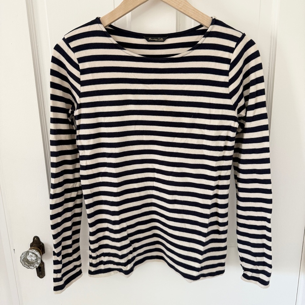 Zara Massimo Dutti Navy & Ivory Striped Boat Neck Long Sleeve Top Size Medium M